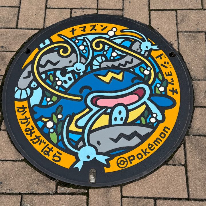 各務原市 オアシスパーク南側入り口のポケふた（ドジョッチ・ナマズン）の写真