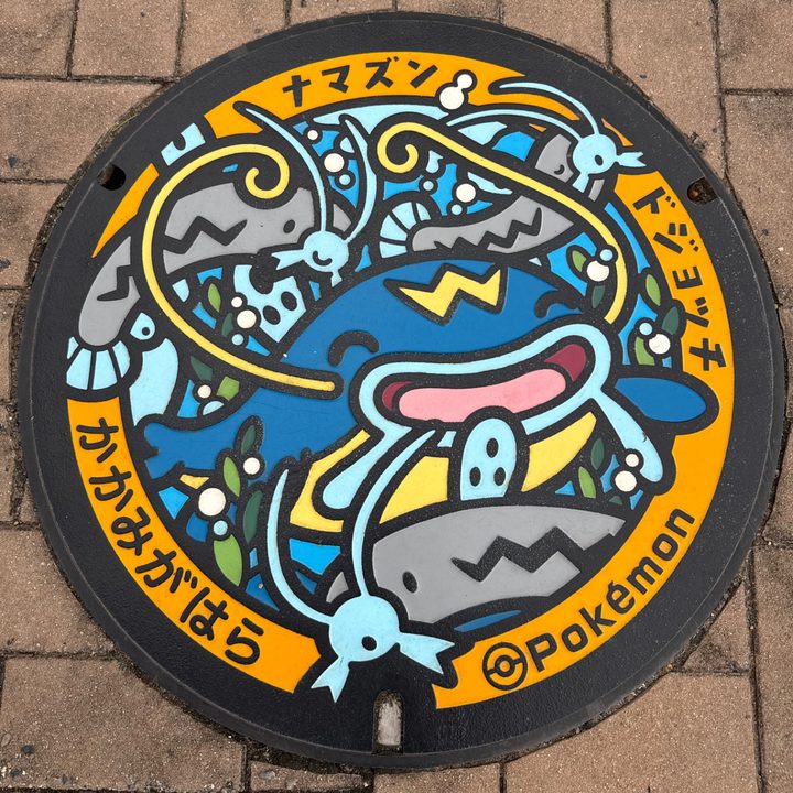 各務原市 オアシスパーク南側入り口のポケふた（ドジョッチ・ナマズン）の写真