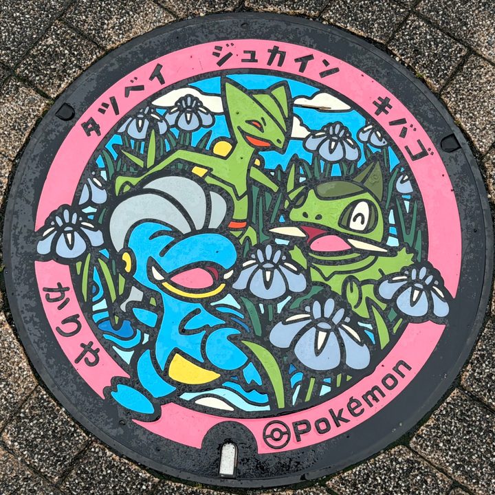 刈谷市 刈谷ハイウェイオアシス内にある「オアシス館刈谷 INFOBOX」正面玄関前のポケふた（キバゴ・ジュカイン・タツベイ）の写真