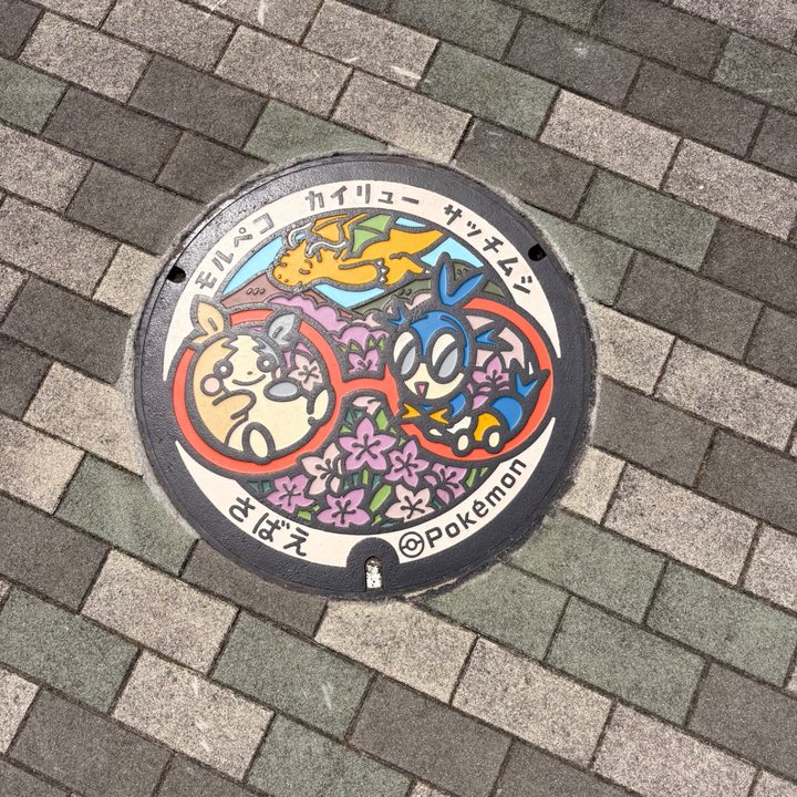 福井県鯖江のポケふた（カイリュー・サッチムシ・モルペコ）の写真